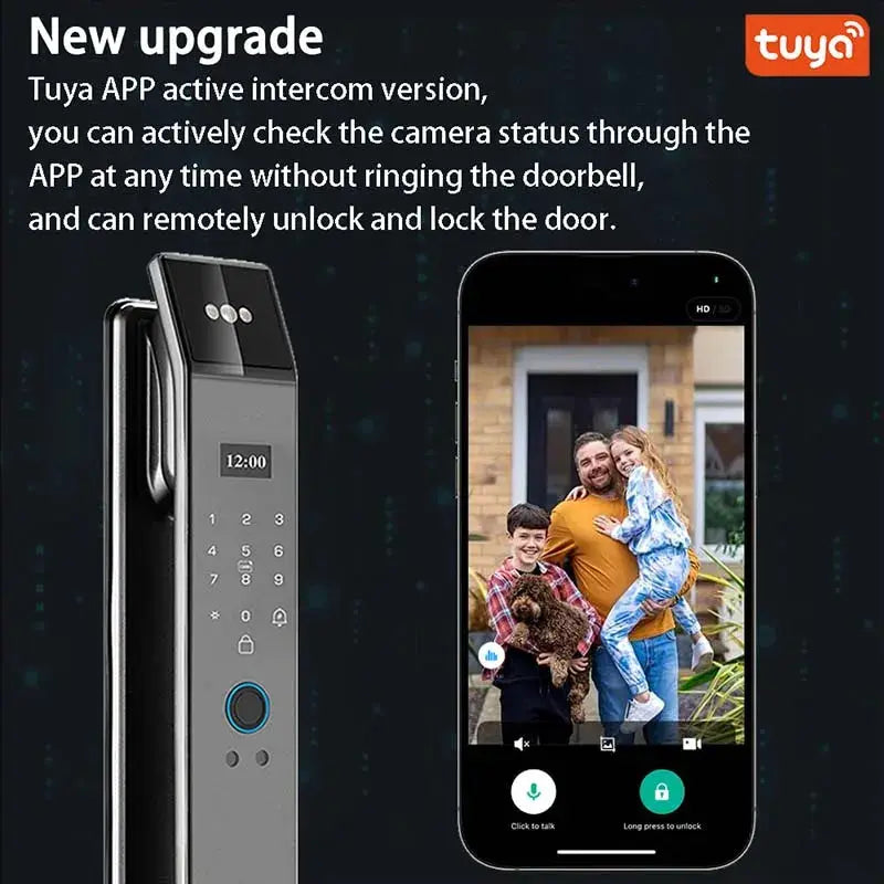 Simples Market XSDTS black smart door lock with camera and keypad; Tuya app video intercom on smartphone