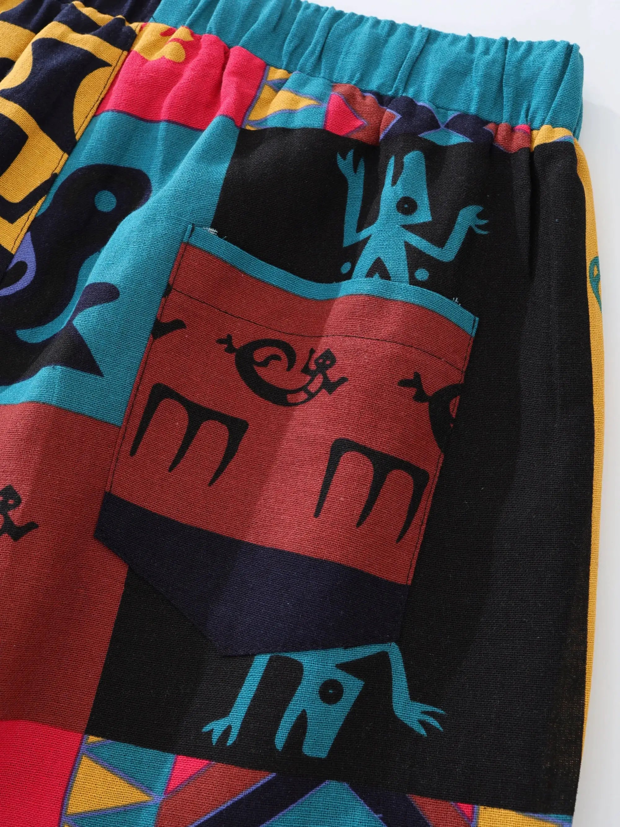 Men's boho tribal print lightweight stretch linen-cotton pants with drawstring pockets