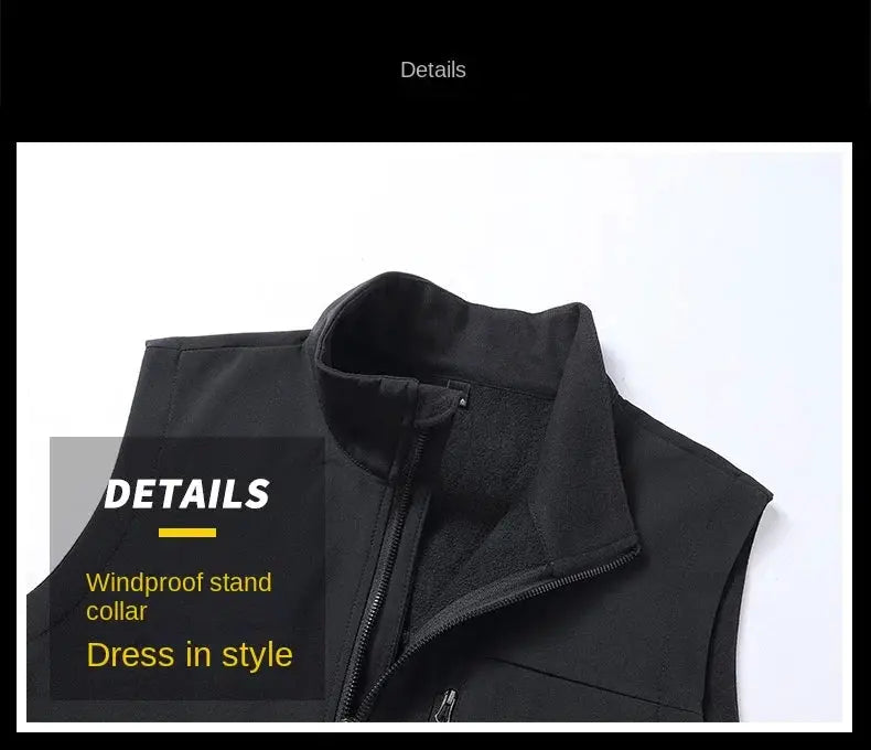 Men's black soft-shell vest with stand collar, front zipper and sleeveless design