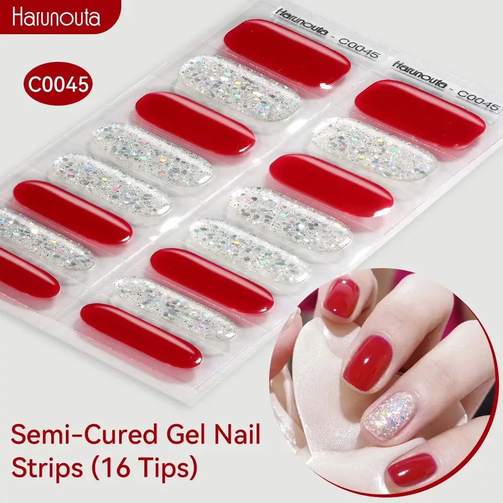 Semi-Cured Gel Nail Strips (16 tips): red and silver glitter, Harunouta packaging, Simples Market