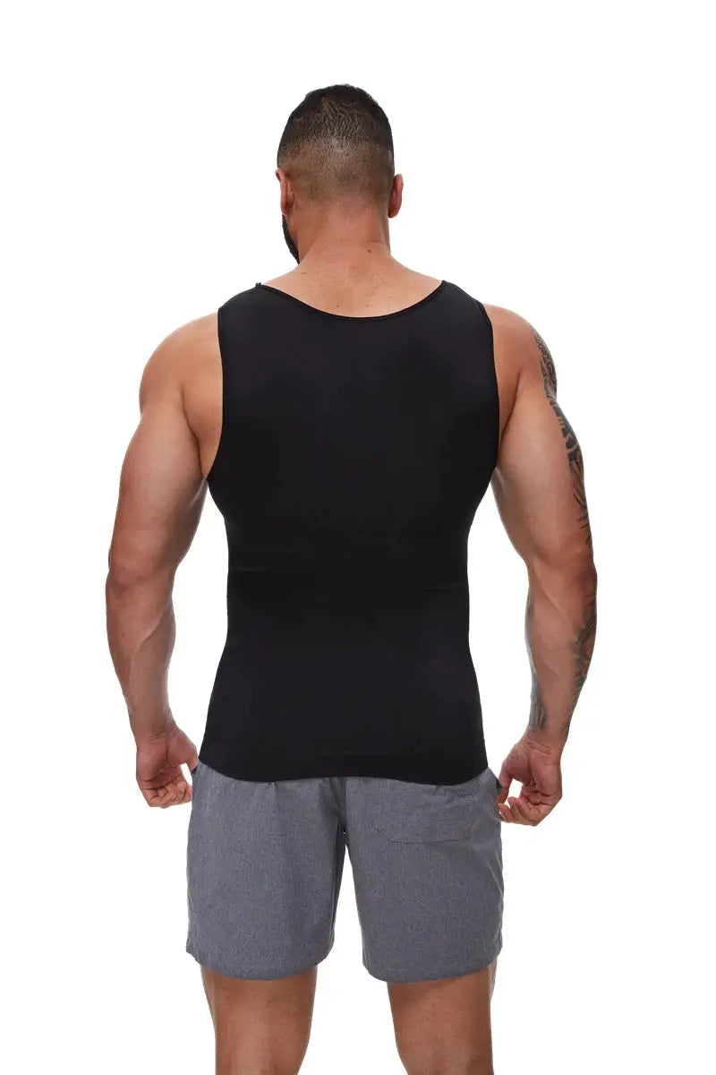 Men's black compression shirt with tummy control by Simples Market, sleeveless fitness vest, back view