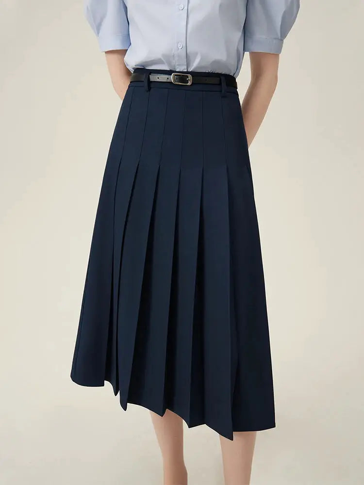 Women's navy blue pleated long skirt with waist belt, office-ready Simples Market FSLE 2025
