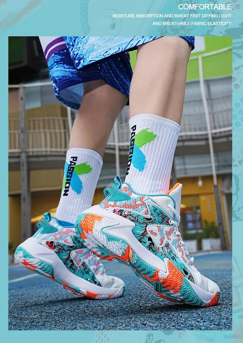 Men's running sneakers with white base and teal and orange abstract pattern.