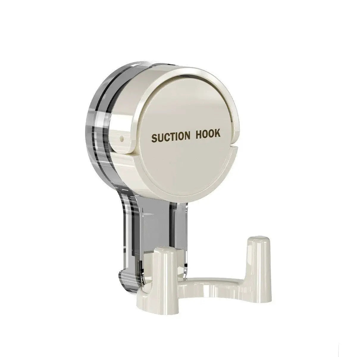 Cream-colored suction hook with clear housing and traceless no-drill adhesive for bathroom or kitchen
