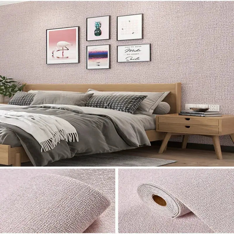 Linen textured wallpaper roll by Simples Market; pink-beige, self-adhesive for home decor.