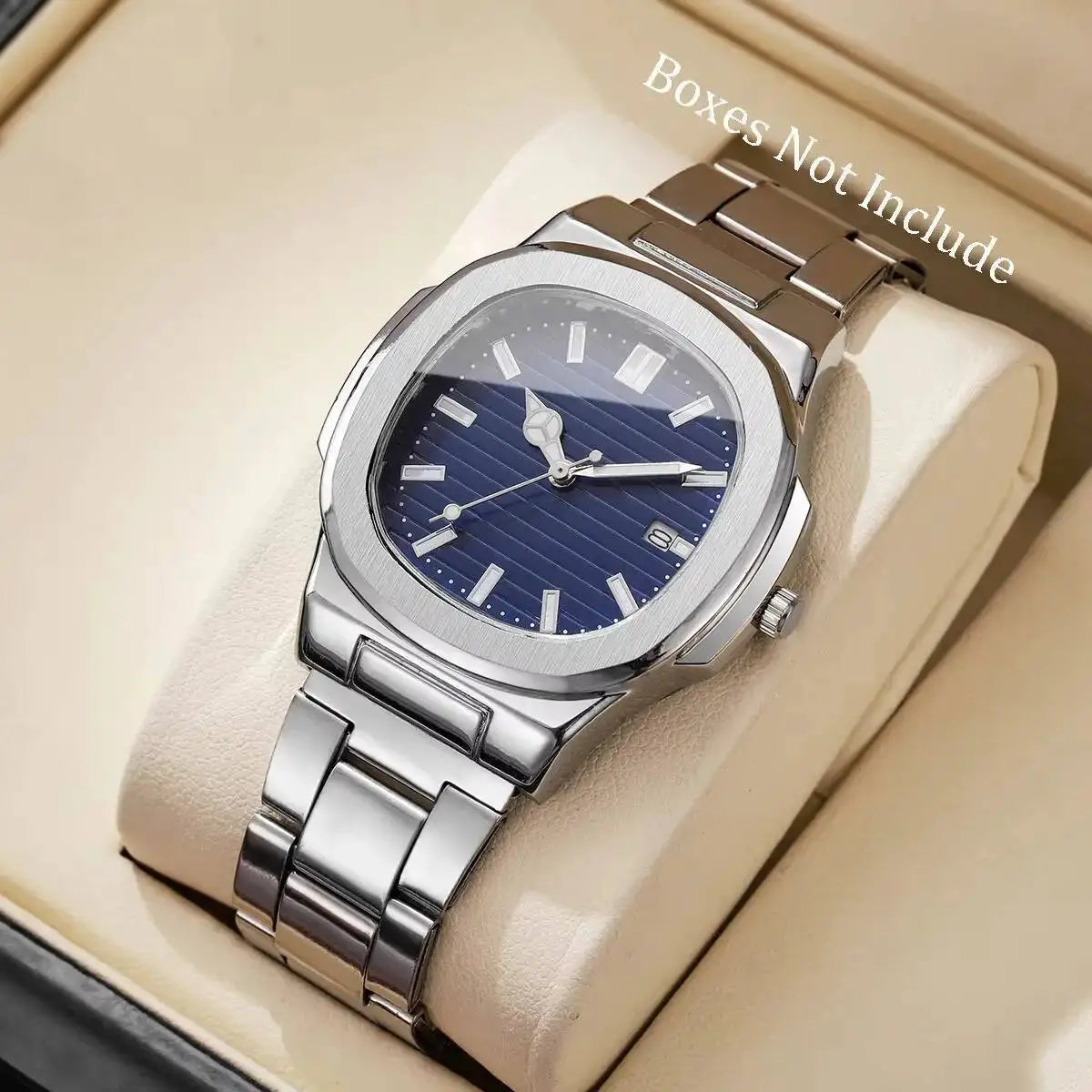 AuroraTime Luxury Square Dial Mens Business Watch Stainless Steel Strap Quartz Movement Calendar