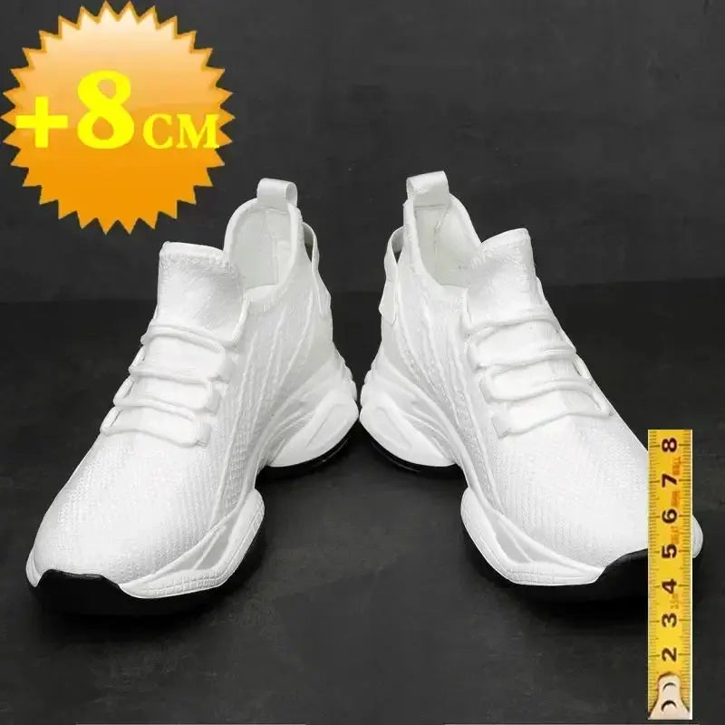 Height-increasing sneakers for men, white, with 8cm elevator sole and breathable upper