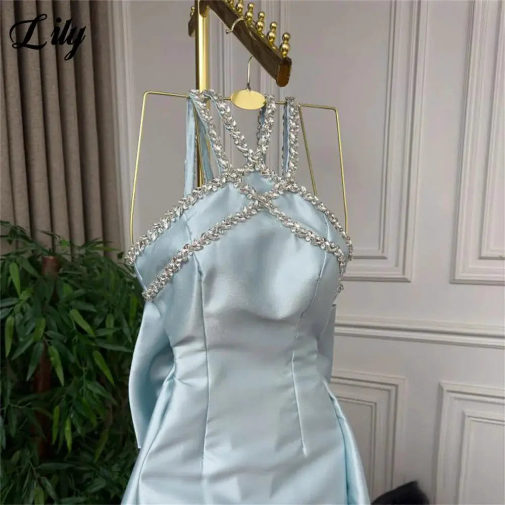 Lily Light Blue Prom Dress With Shiny Beading Halter Detachable Train