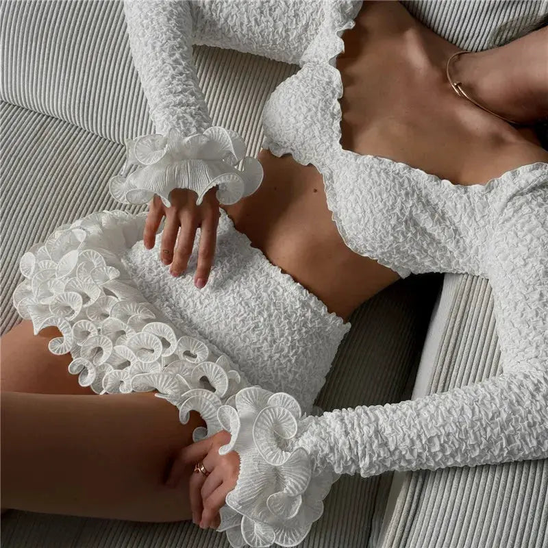 Shestyle White Autumn Two Piece Set Ruffles Crop Top And Sheath Skirt