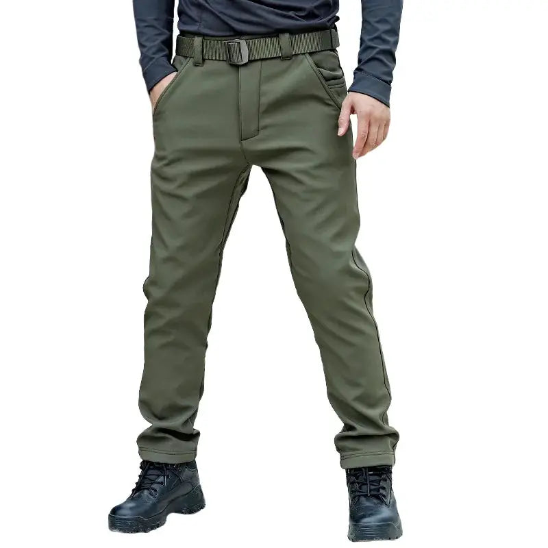Men's olive green outdoor waterproof tactical cargo pants with belt, casual military-style long trousers
