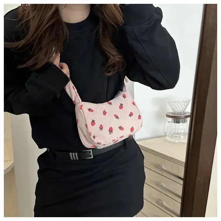 Corduroy pink mini underarm bag with strawberry print, small shoulder purse