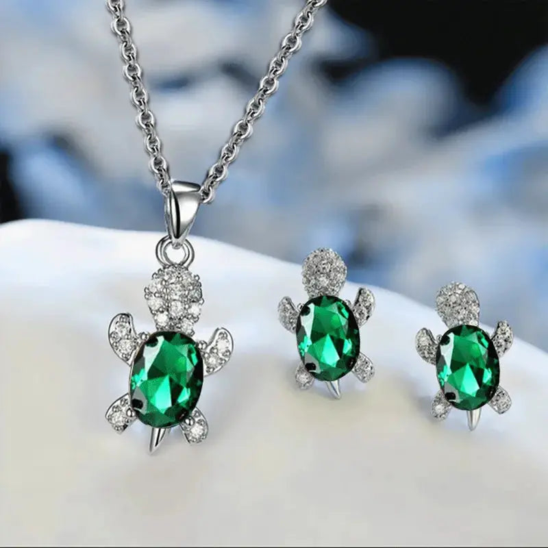 Three Piece Silver Plated Necklace Earrings Set For Ladies With Turtle Shape And Multicolor Glass Diamonds