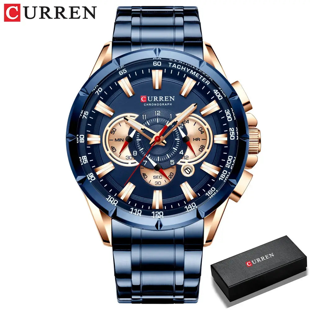 Curren 8363 chronograph men's watch with blue steel band and rose-gold case; large blue dial with luminous hands and box