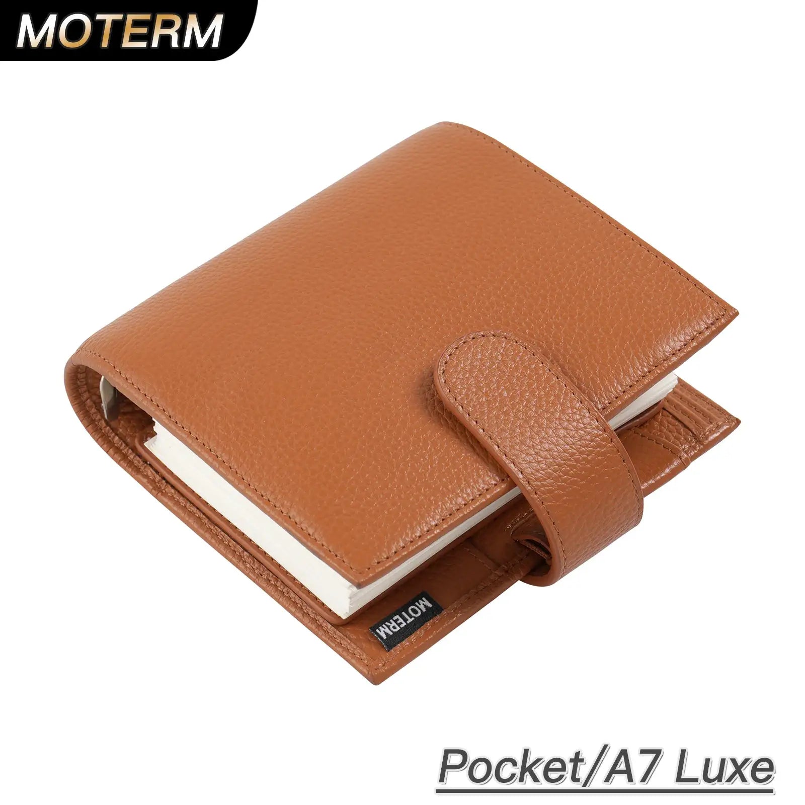 Moterm Luxe pocket planner in tan pebbled leather with strap closure