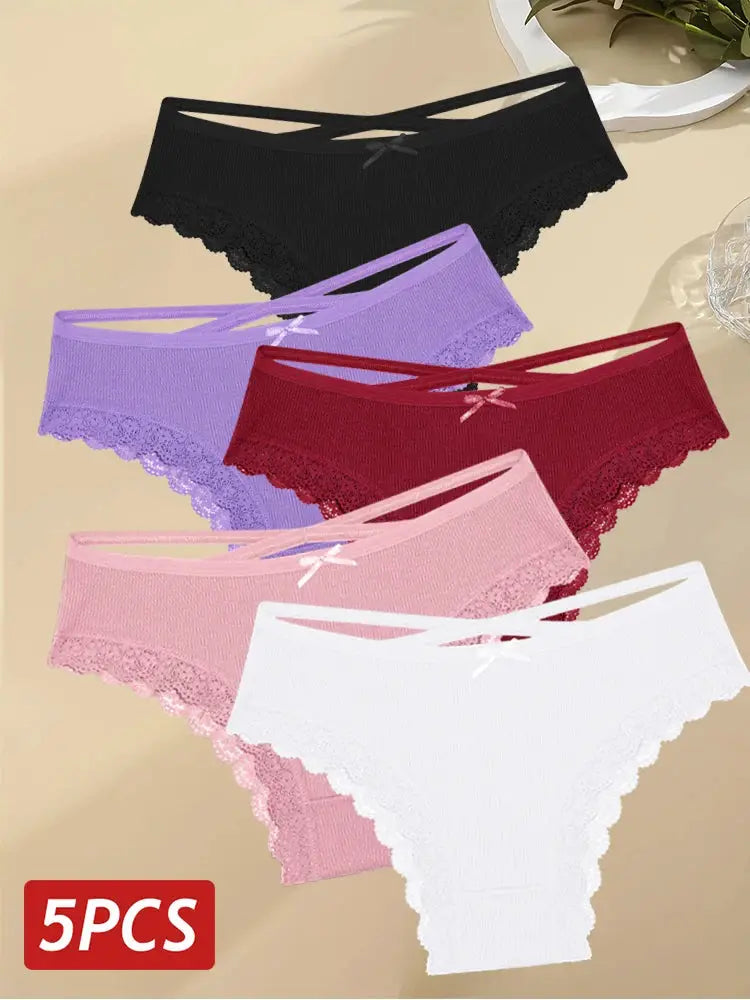 5-pack cotton lace-trim women's briefs in black, purple, red, pink and white
