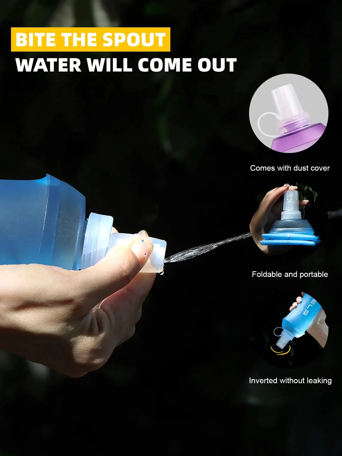 Simples Market WRELS foldable TPU outdoor water bottle in blue with dust cap, BPA-free.