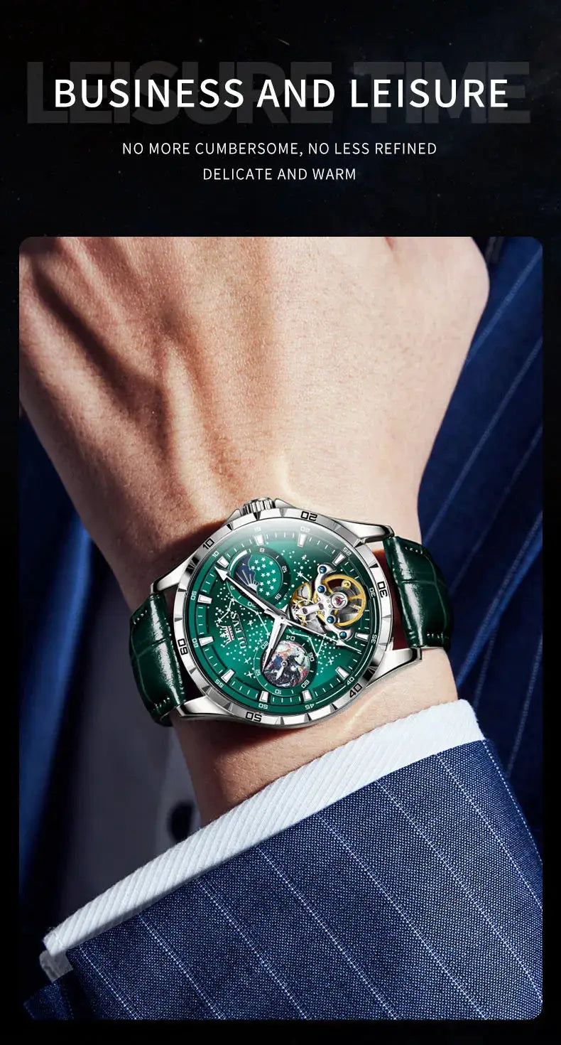 OLEVS flywheel skeleton automatic men's watch with emerald green dial, starry sky motif, green leather strap