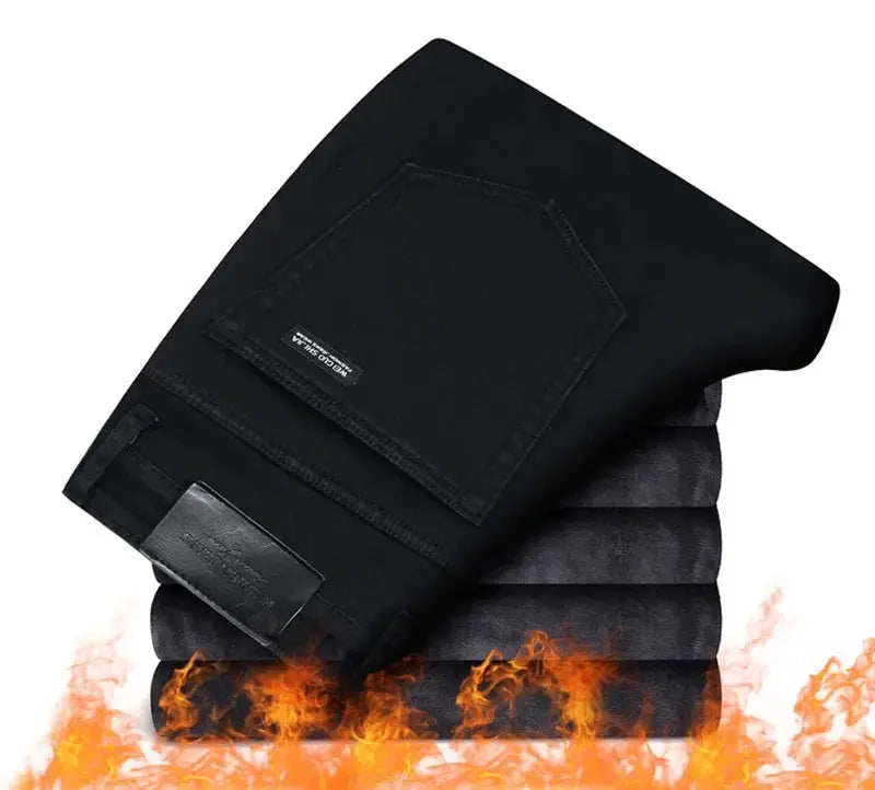 Simples Market men's fleece-lined velvet jeans, warm winter trousers in black/dark blue, stack of five