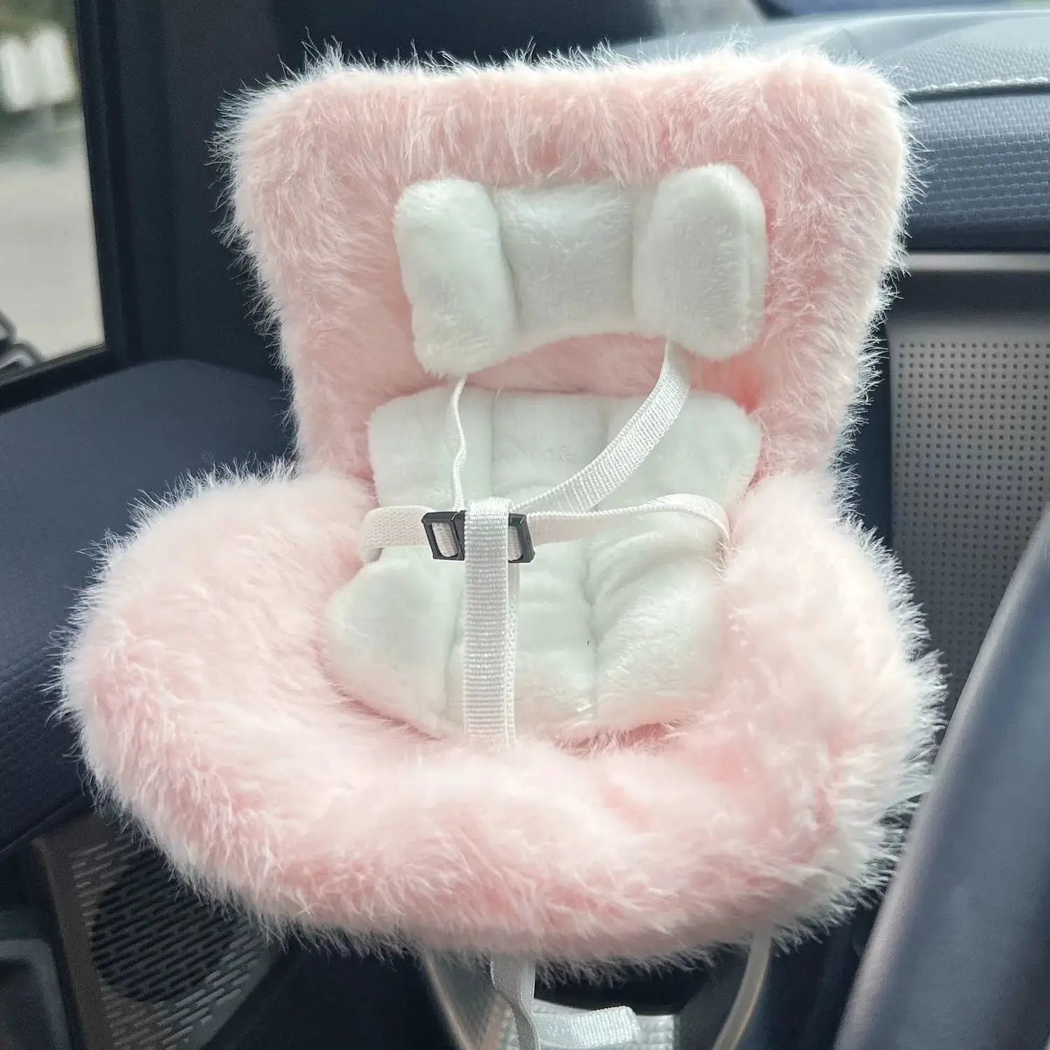 Pink plush car doll safety seat with white harness for 17cm dolls