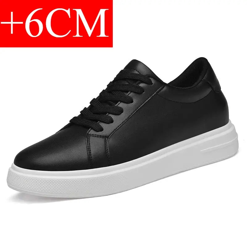 Men's black leather elevator sneakers with white platform sole and +6CM height boost