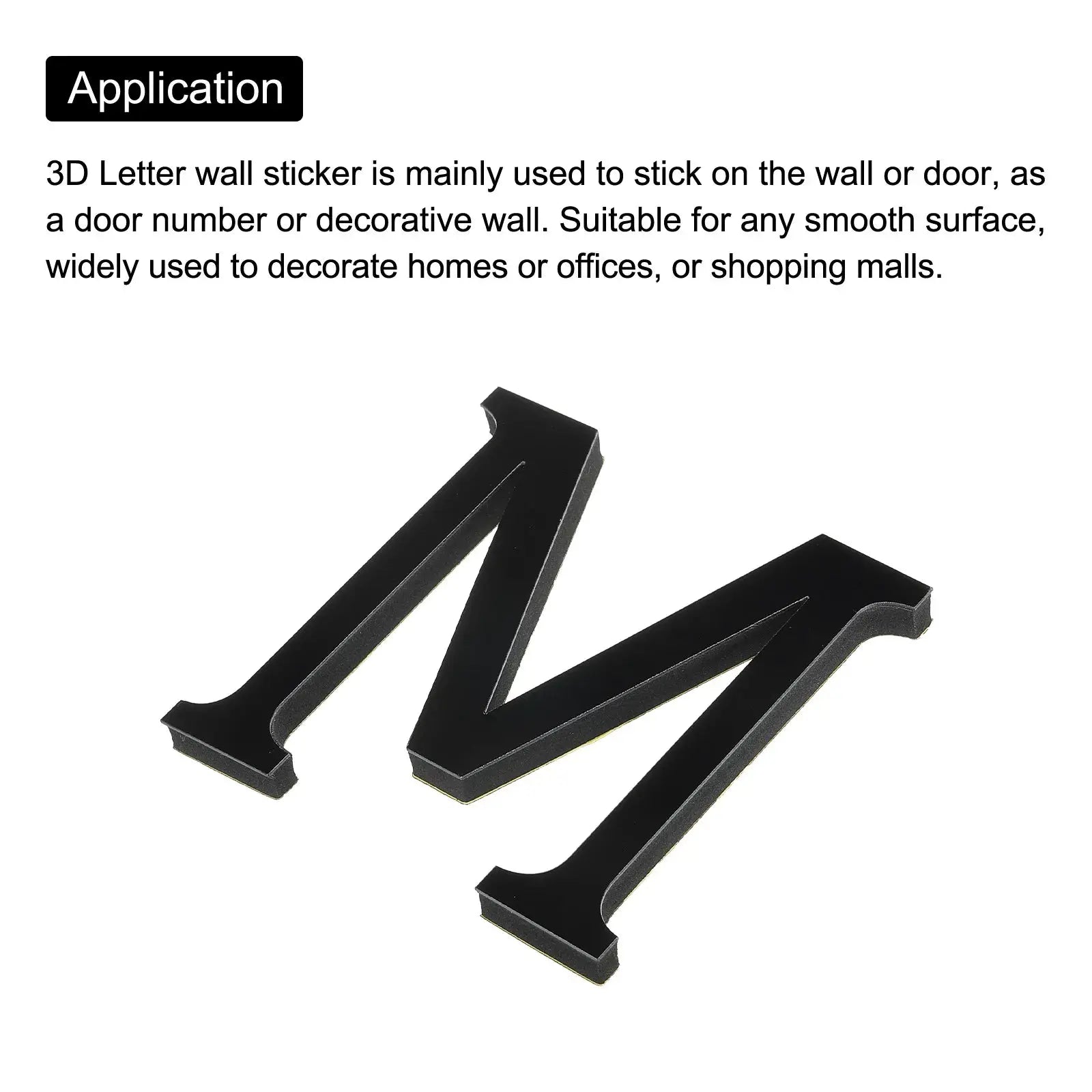 Three black 3D mirror acrylic letters wall art set, self-adhesive, 10 cm each, Simples Market