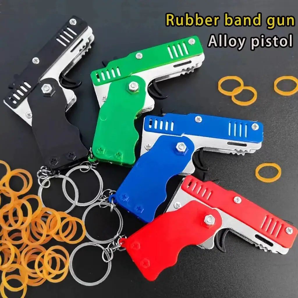 Metal Burst Rubber Band Toy Mini Folding Launcher With Keychain And 60 Rubber Bands Ideal Christmas Gift
