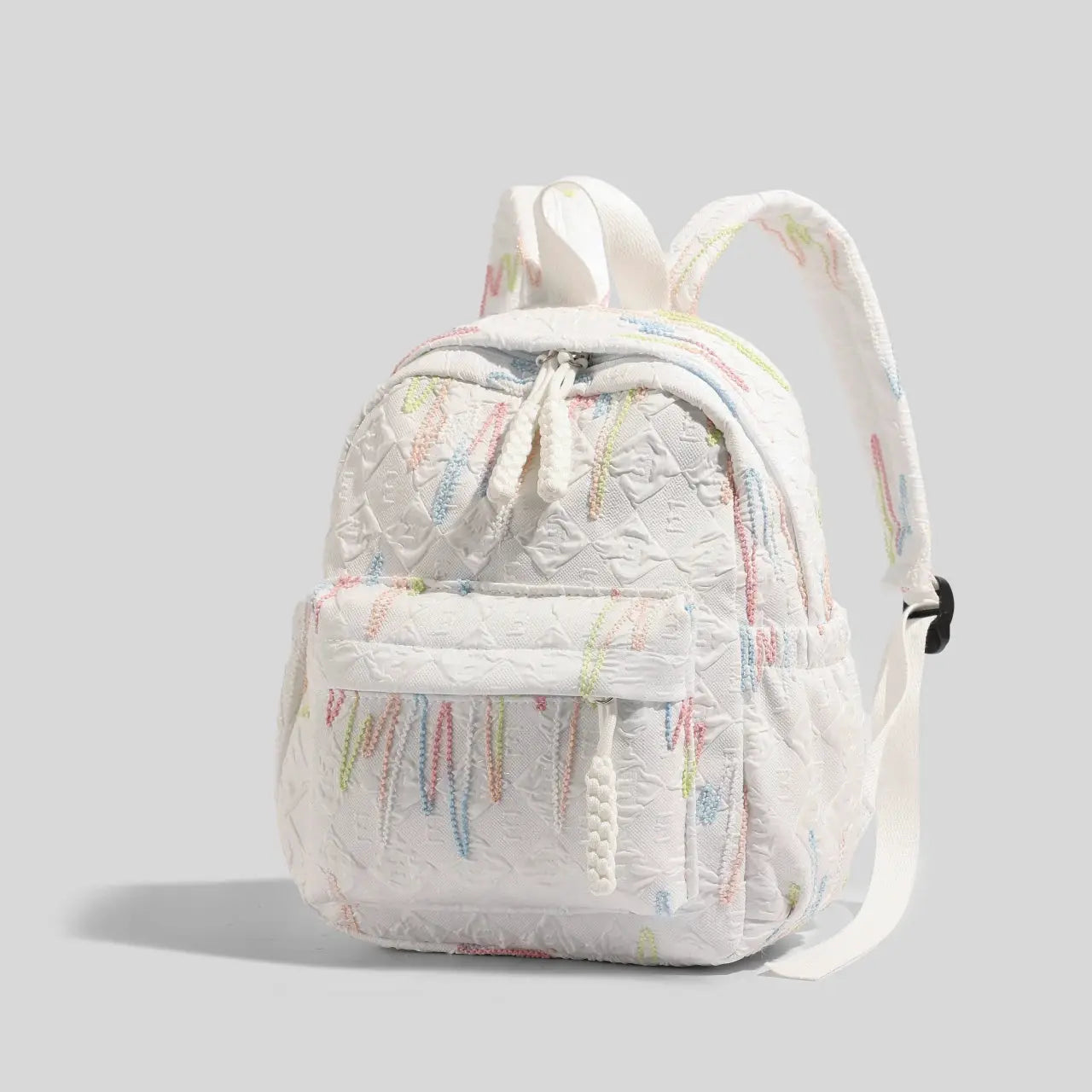 Simples Market Women's Mini Backpack, white quilted fabric with pastel embroidery, adjustable straps and zipper closure