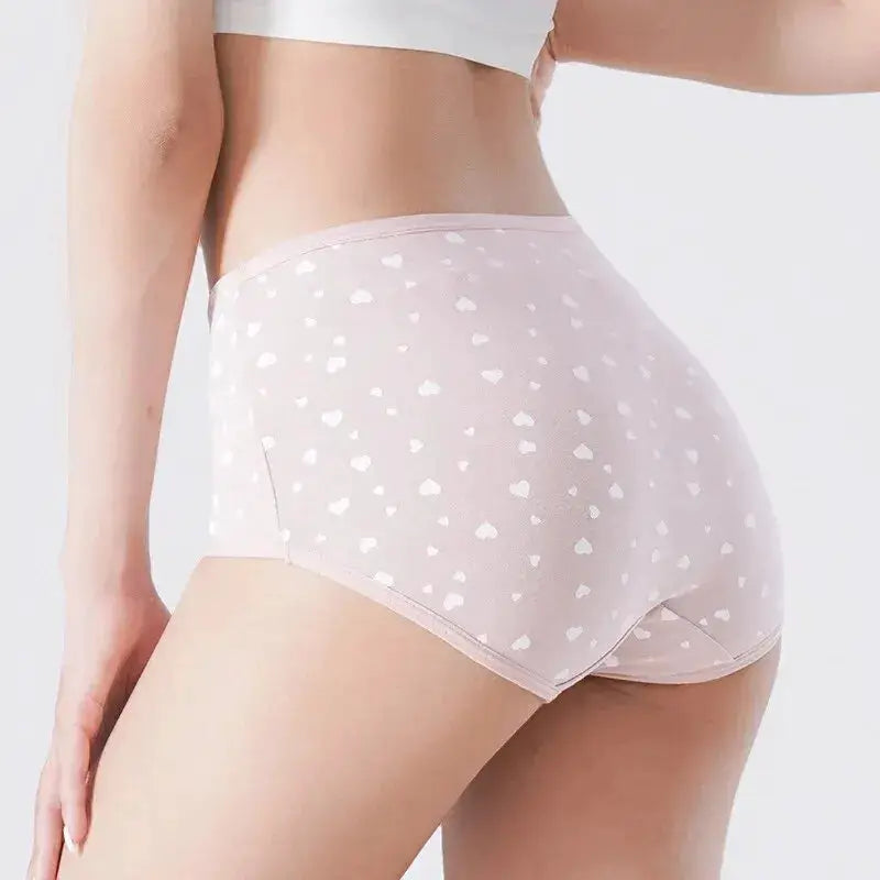 Simples Market 4Pcs women's high-waist cotton panties with pink heart print, breathable plus-size underwear