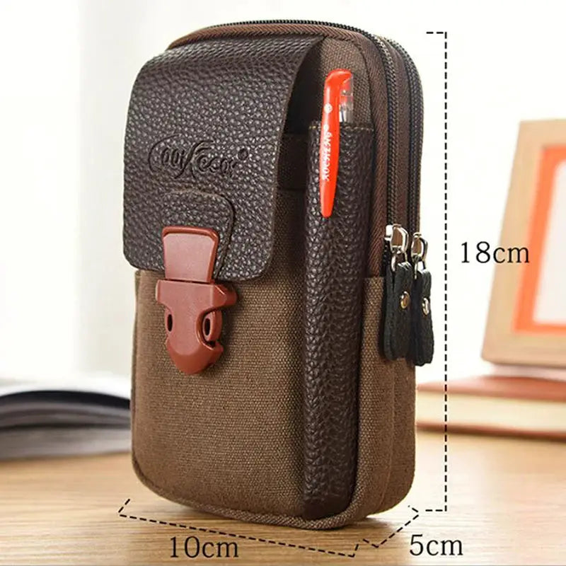Men's brown canvas waist bag with leather flap and front buckle, Simples Market
