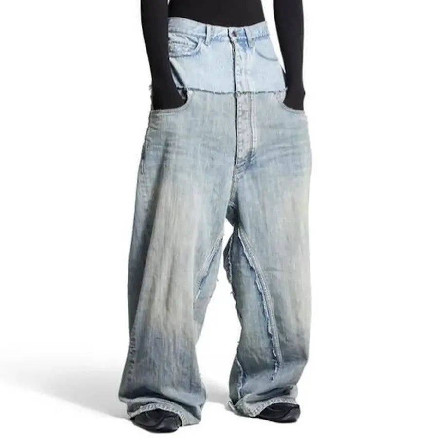 CUT-UP double-layer patchwork baggy jeans, light blue denim, oversized straight-leg trousers by Simples Market