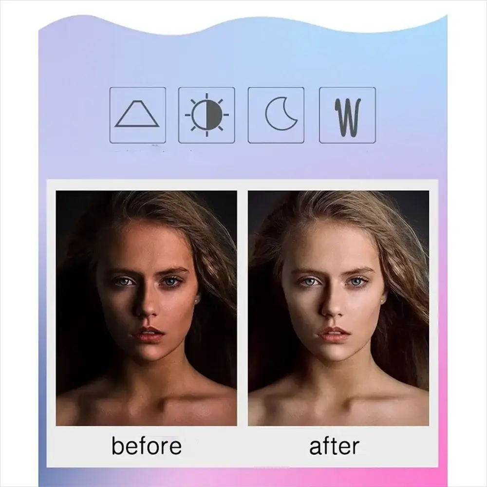 Portable LED selfie light for smartphones by Simples Market, compact adjustable phone lamp with before/after packaging.