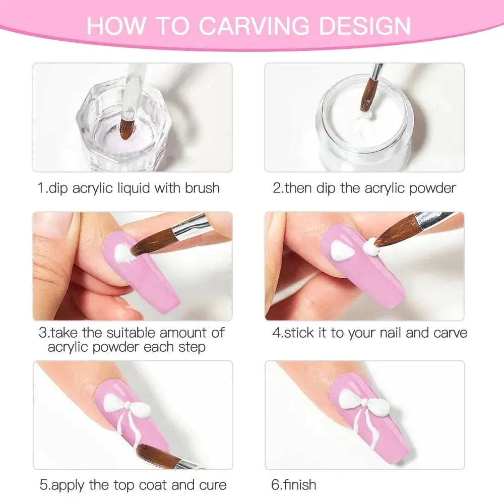 8pc MTSSII acrylic powder nail system set with brush for pink carving nails; six-step design tutorial
