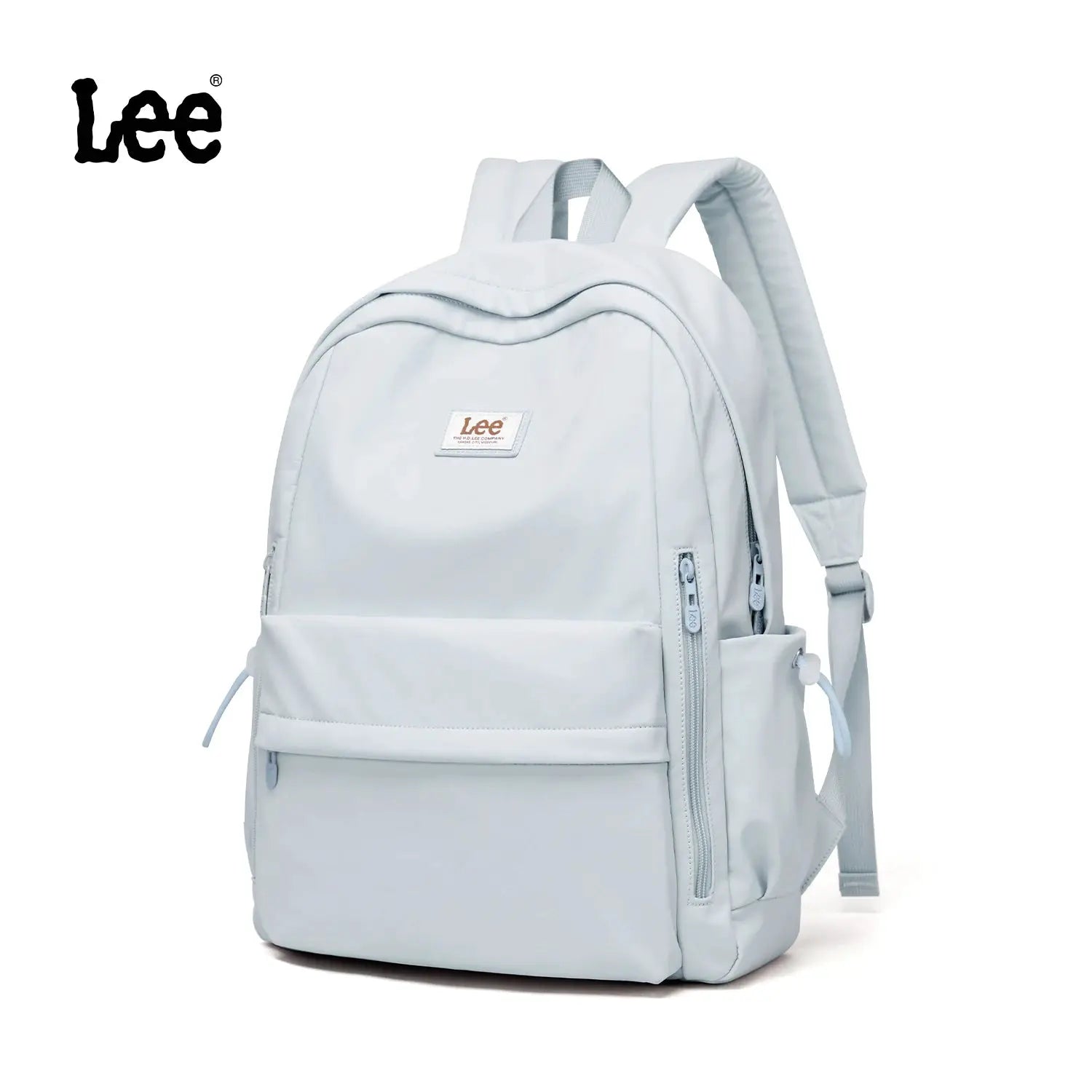 Lee lightweight 16-inch laptop backpack in light blue Oxford fabric with front pocket.