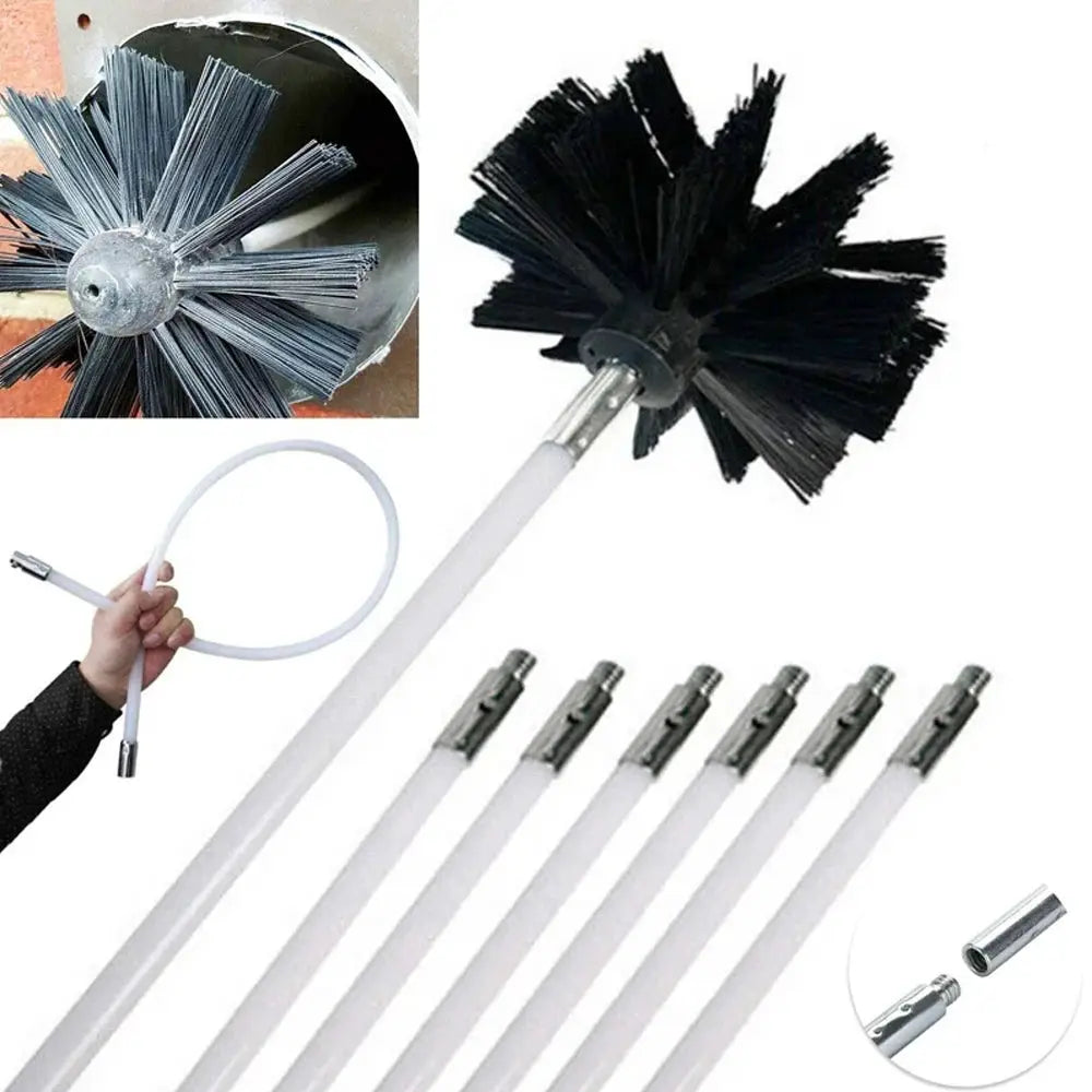 Flexible chimney sweep set with black nylon brush head and white extension rods