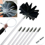 Flexible chimney sweep set with black nylon brush head and white extension rods