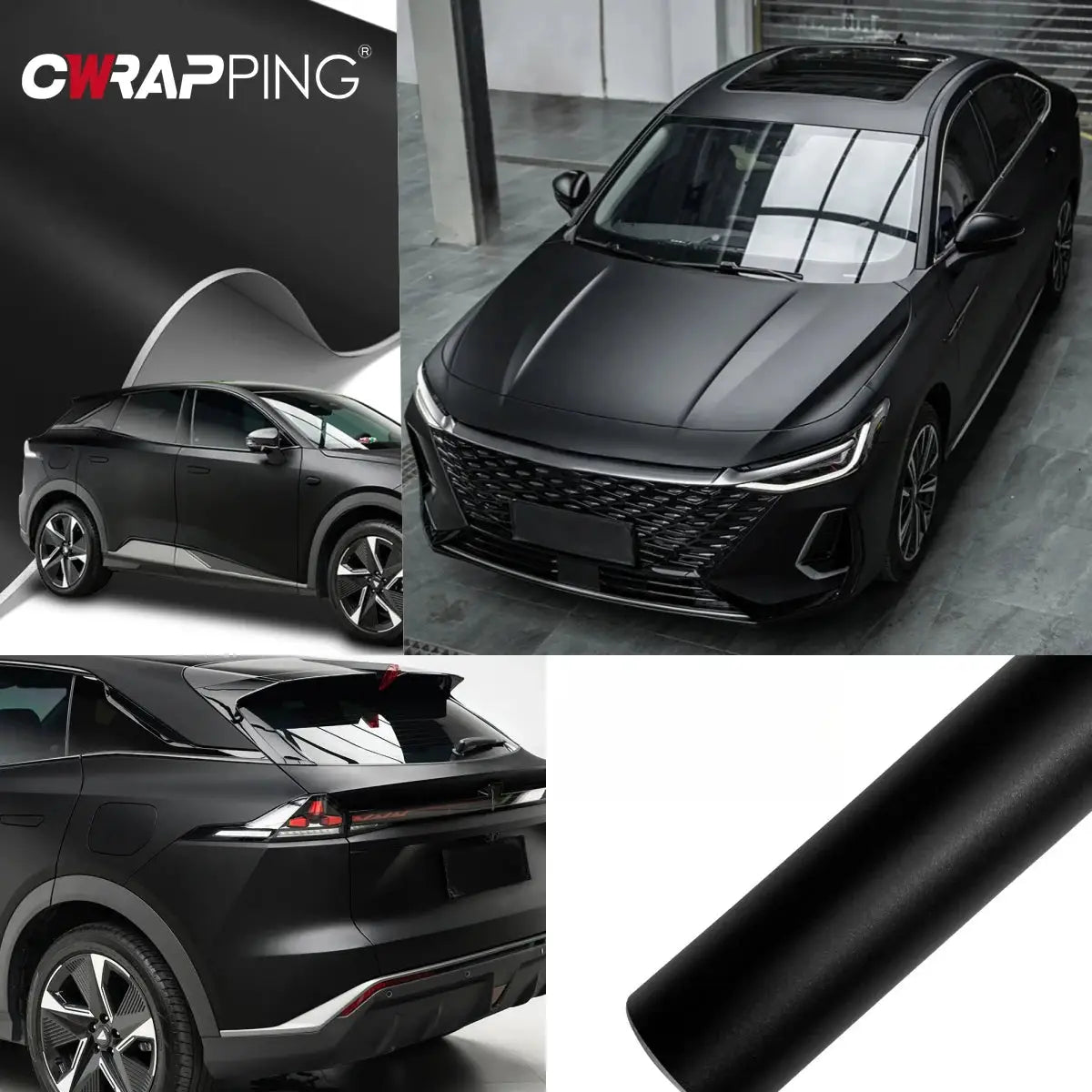 Matte black PVC car vinyl wrap sheet; waterproof satin film for cars, trucks, motorcycles, laptops; 4-image collage