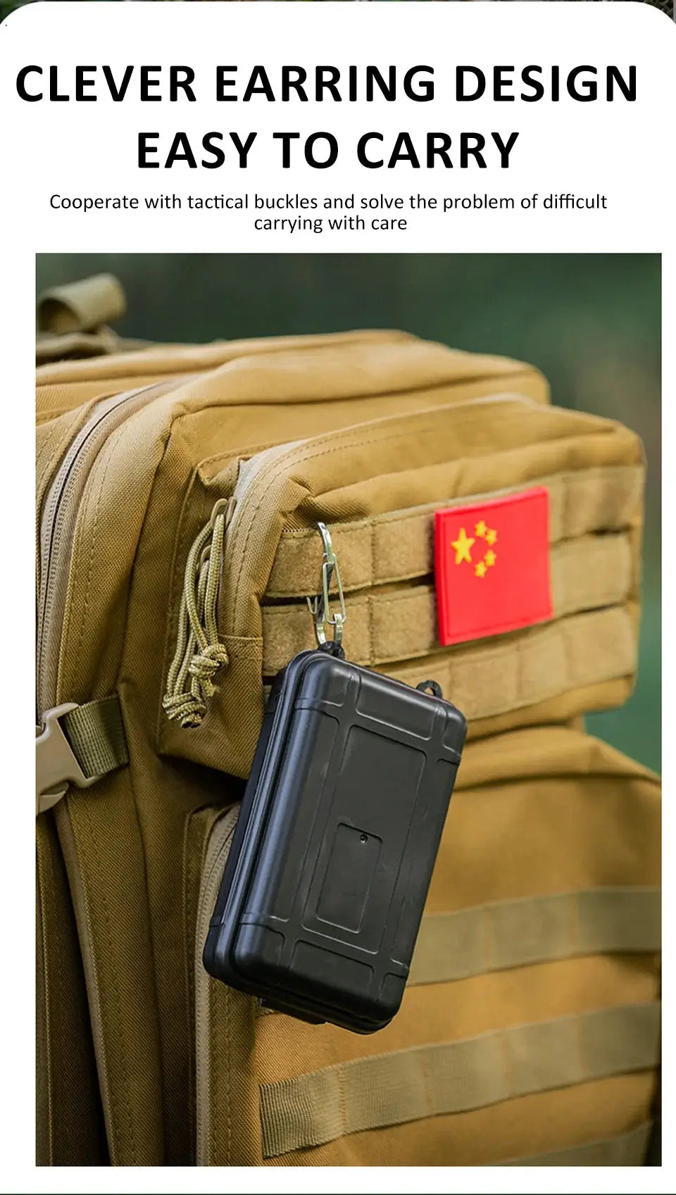 Tan tactical outdoor backpack with a small black rugged survival box attached by a carabiner