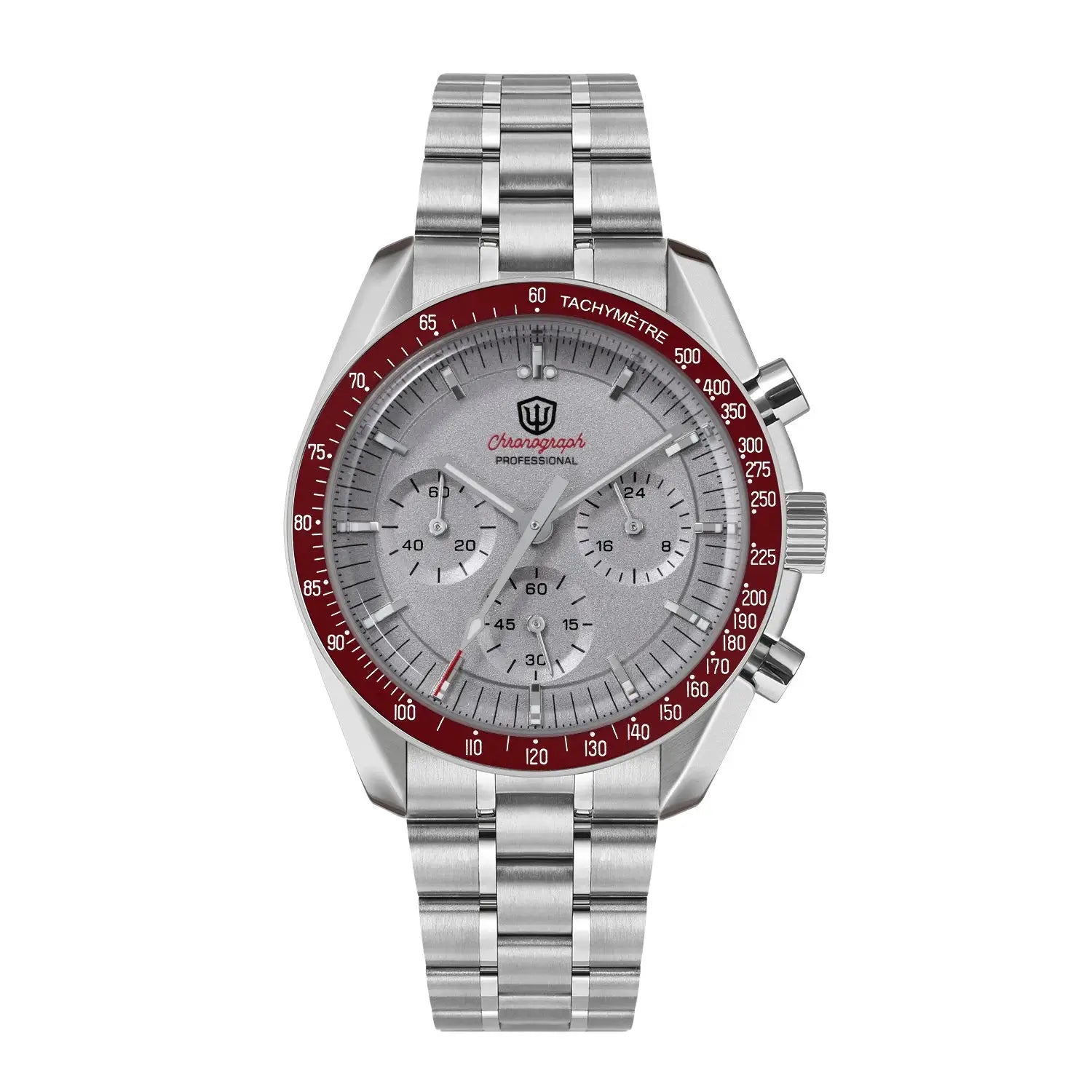 Watchdives WD1863 quartz men's chronograph watch with red bezel, 39mm case, stainless steel bracelet