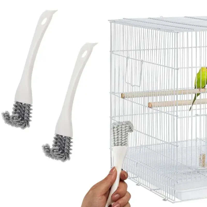 Bird cage cleaning brush set with white plastic handles and gray bristle heads (3-pack)