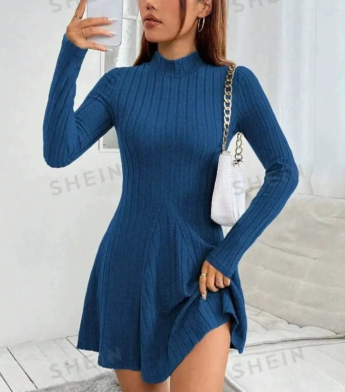 LuxeWeave Womens Slim Fit Dress With Half High Collar Cinched Waist Aline Pinstripe Long Sleeves For Autumn And Winter