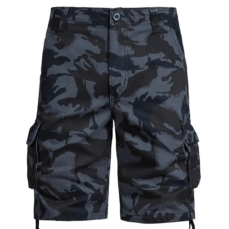 Men's camouflage cargo shorts by Simples Market; cotton, loose-fit, grey camo with side and cargo pockets