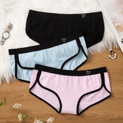 BANNIROU 3Pcs women's cotton briefs set by Simples Market; low-rise, black/blue/pink with black trim and heart motif.