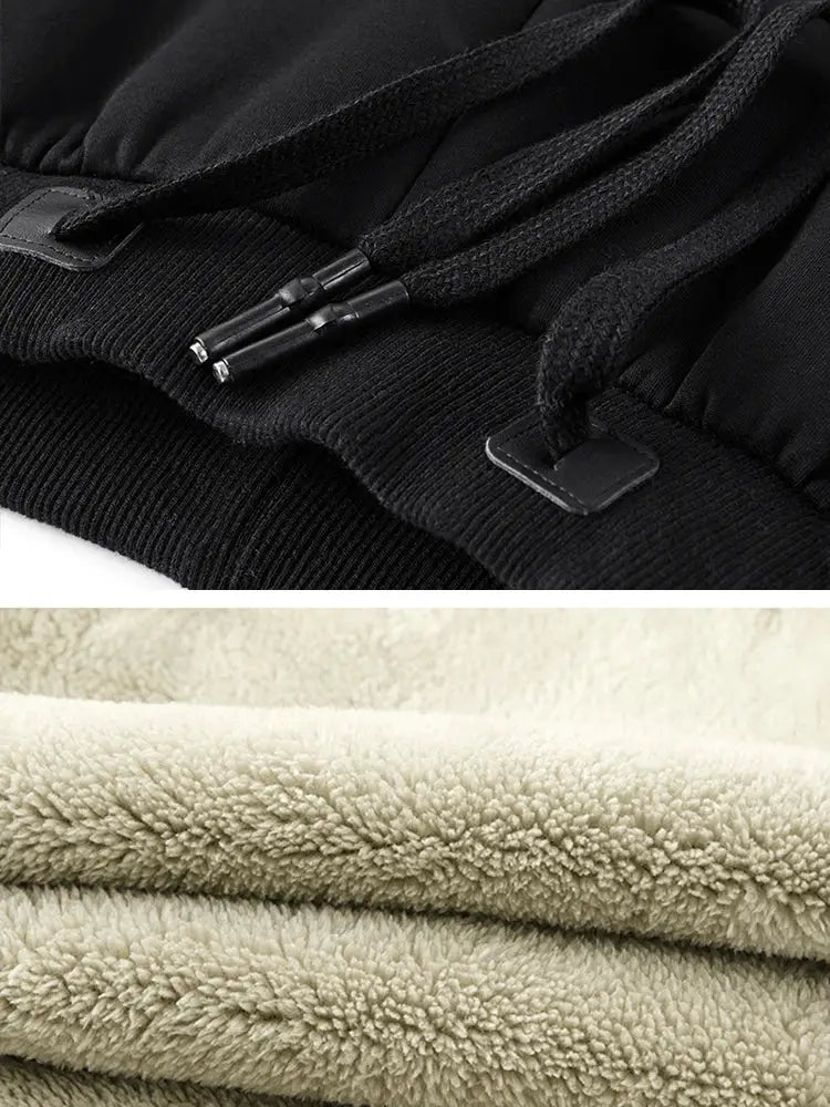 Simples Market winter men's fleece-lined sweatpants with drawstring, zip pockets, black outer with beige plush interior