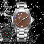 ADDIESDIVE men's analog watch with stainless steel bracelet and brown dial, two watches shown.