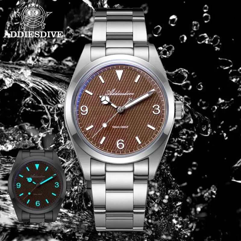 ADDIESDIVE men's analog watch with stainless steel bracelet and brown dial, two watches shown.