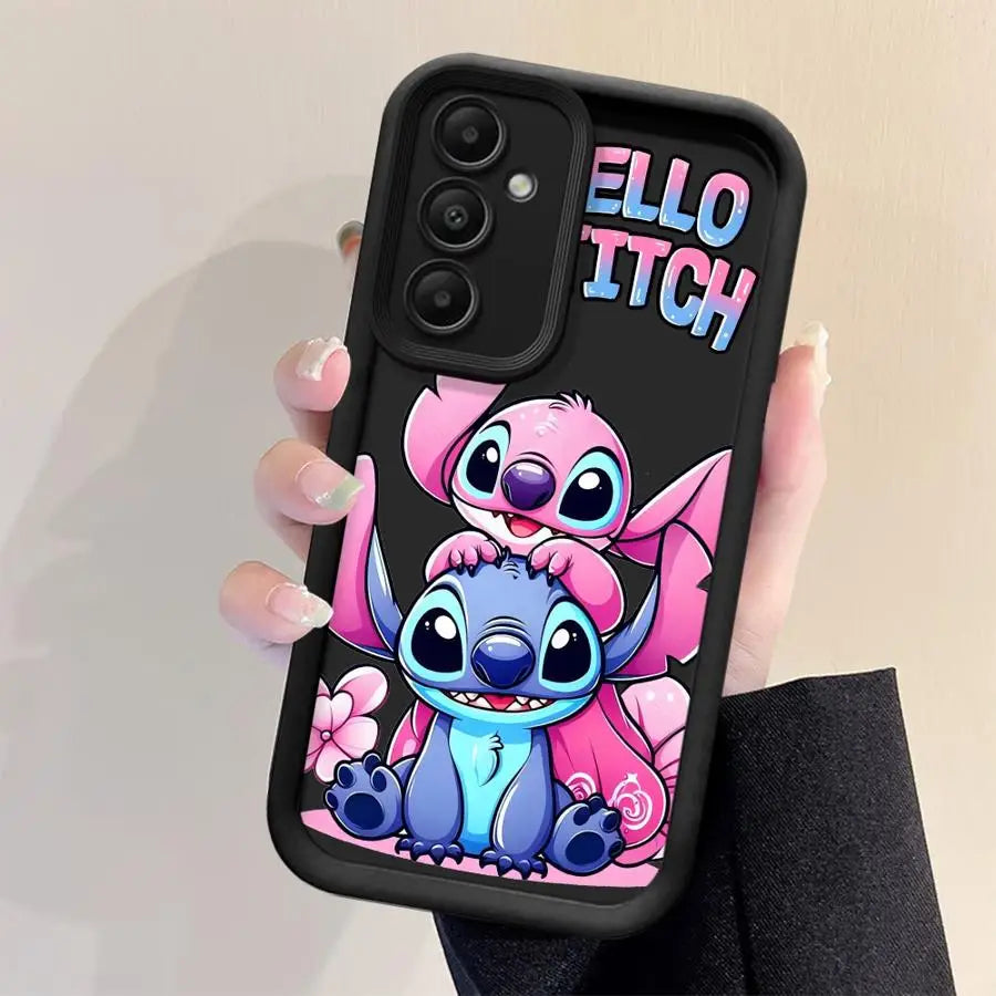 Stitch Disney phone case for Samsung Galaxy — black soft cover with two pink and blue Stitch characters.