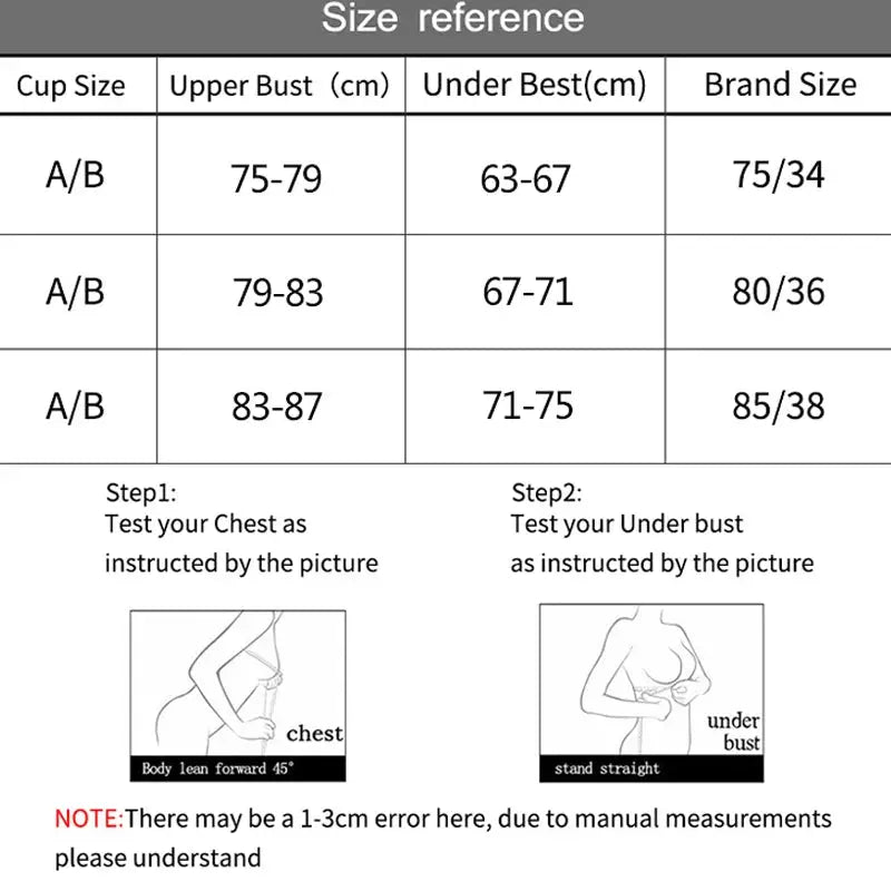 Bra size reference chart by Simples Market showing A/B cups, bust ranges, and chest/under-bust diagrams