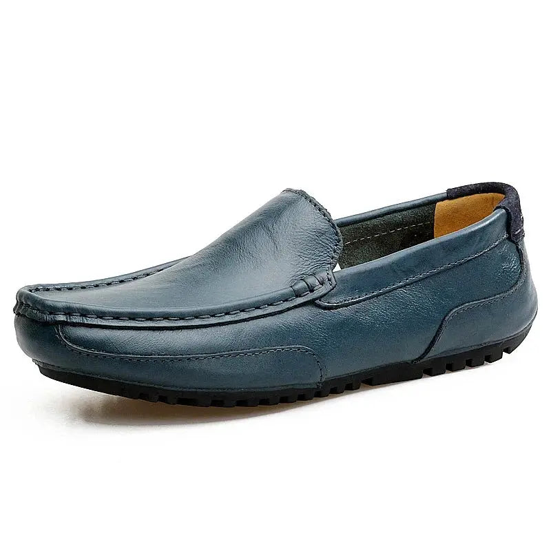Men's blue genuine leather loafers slip-on moccasin with stitching details