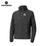 ROCKBROS black waterproof cycling windbreaker jacket with hood and front pocket