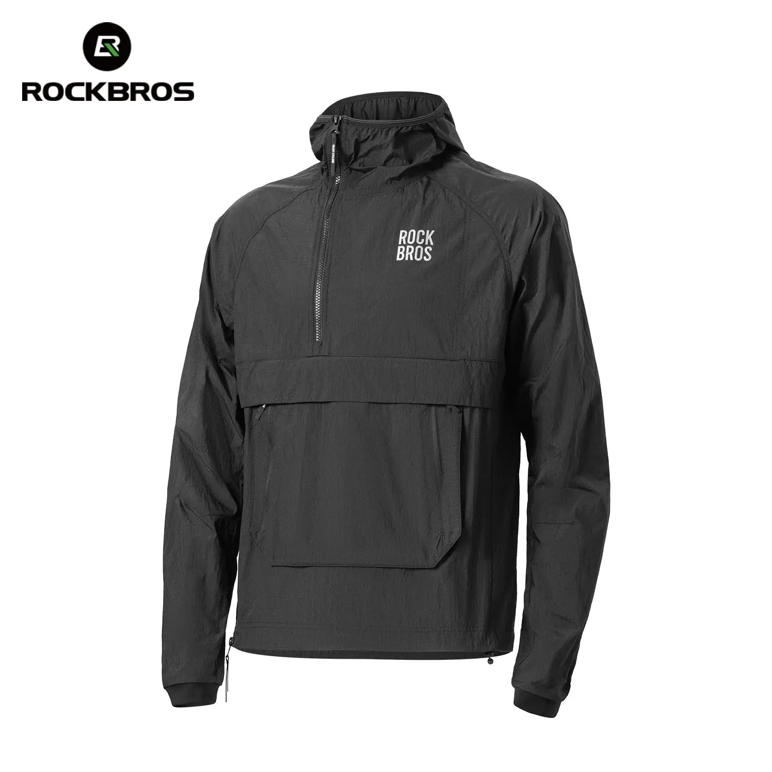 ROCKBROS black waterproof cycling windbreaker jacket with hood and front pocket